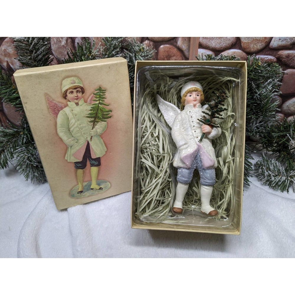 Retired Costco Porcelain Victorian Boy Angel Wings & Tree Christmas Ornament